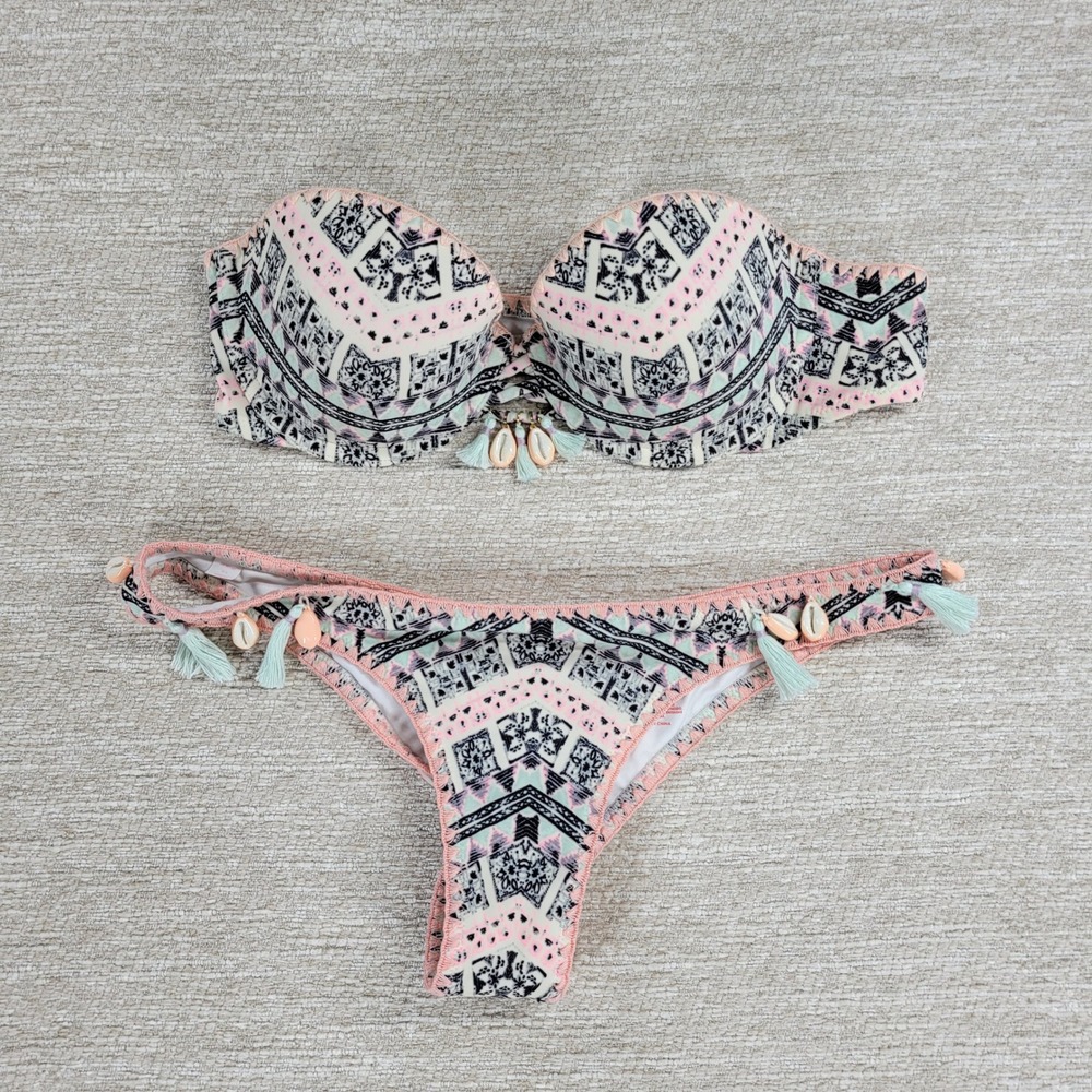 Victoria's Secret Bikini Set 34B SP Pink Shell Tassel Bandeau Boho Swimsuit